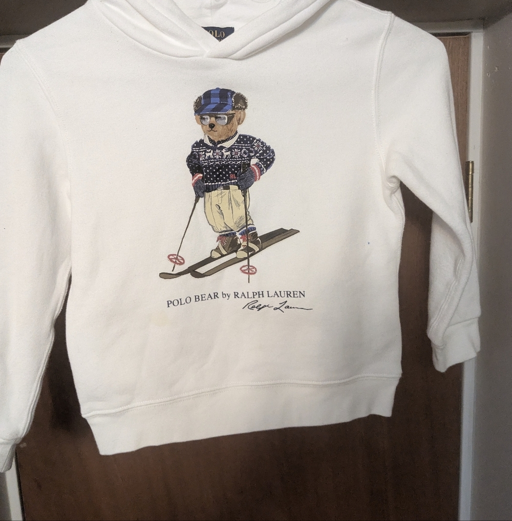 Ralph Lauren Kids Cream Hoodie with Skiing Bear Print